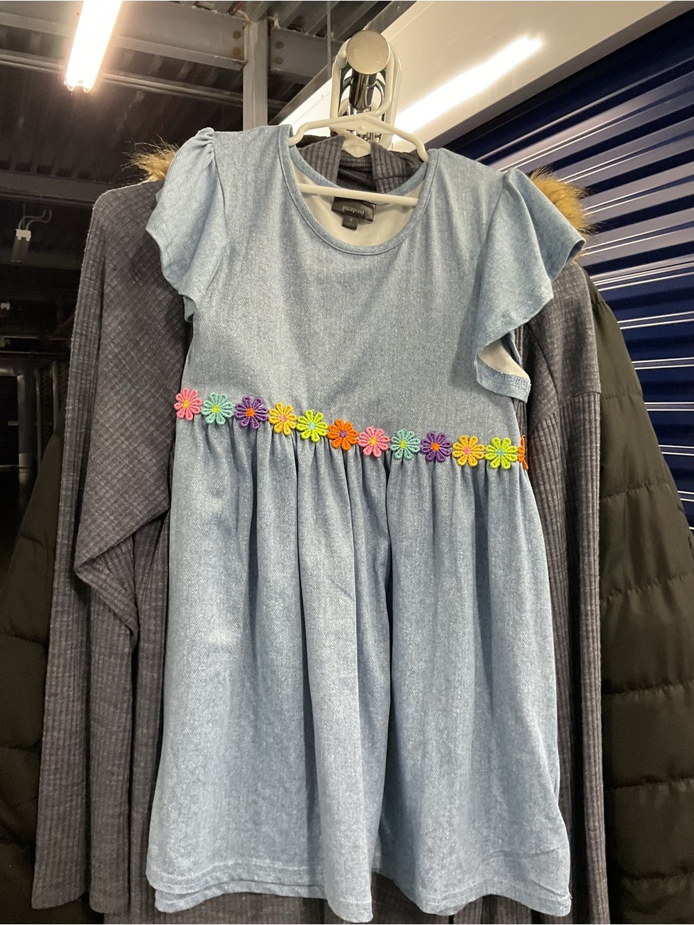 Girls' Light Blue Dress with Rainbow Daisy Trim